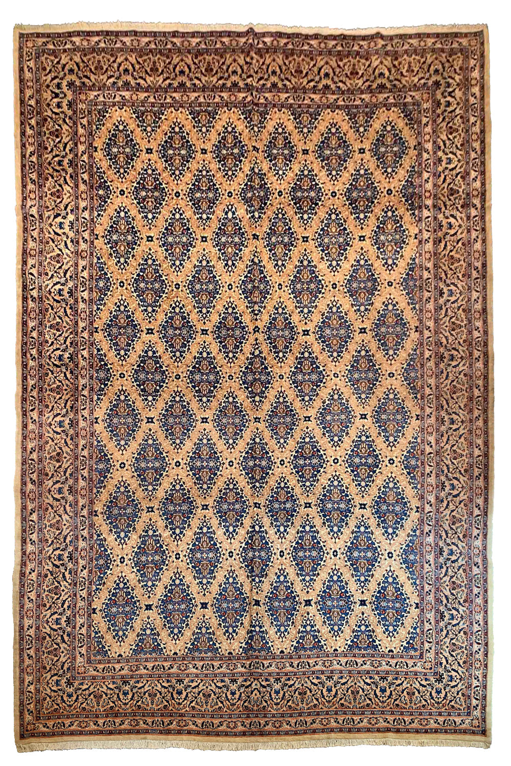 Hand-knotted Mood rug with 100% wool on a cotton base featuring a dense repeating indigo diamond pattern - #7603.