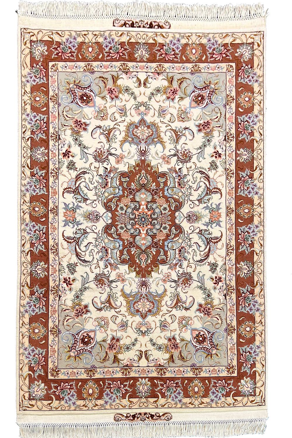 Hand-knotted Persian Beige Tabriz rug in wool on a silk foundation featuring intricate red floral motifs - #6023.