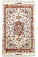 Hand-knotted Persian Beige Tabriz rug in wool on a silk foundation featuring intricate red floral motifs - #6023.
