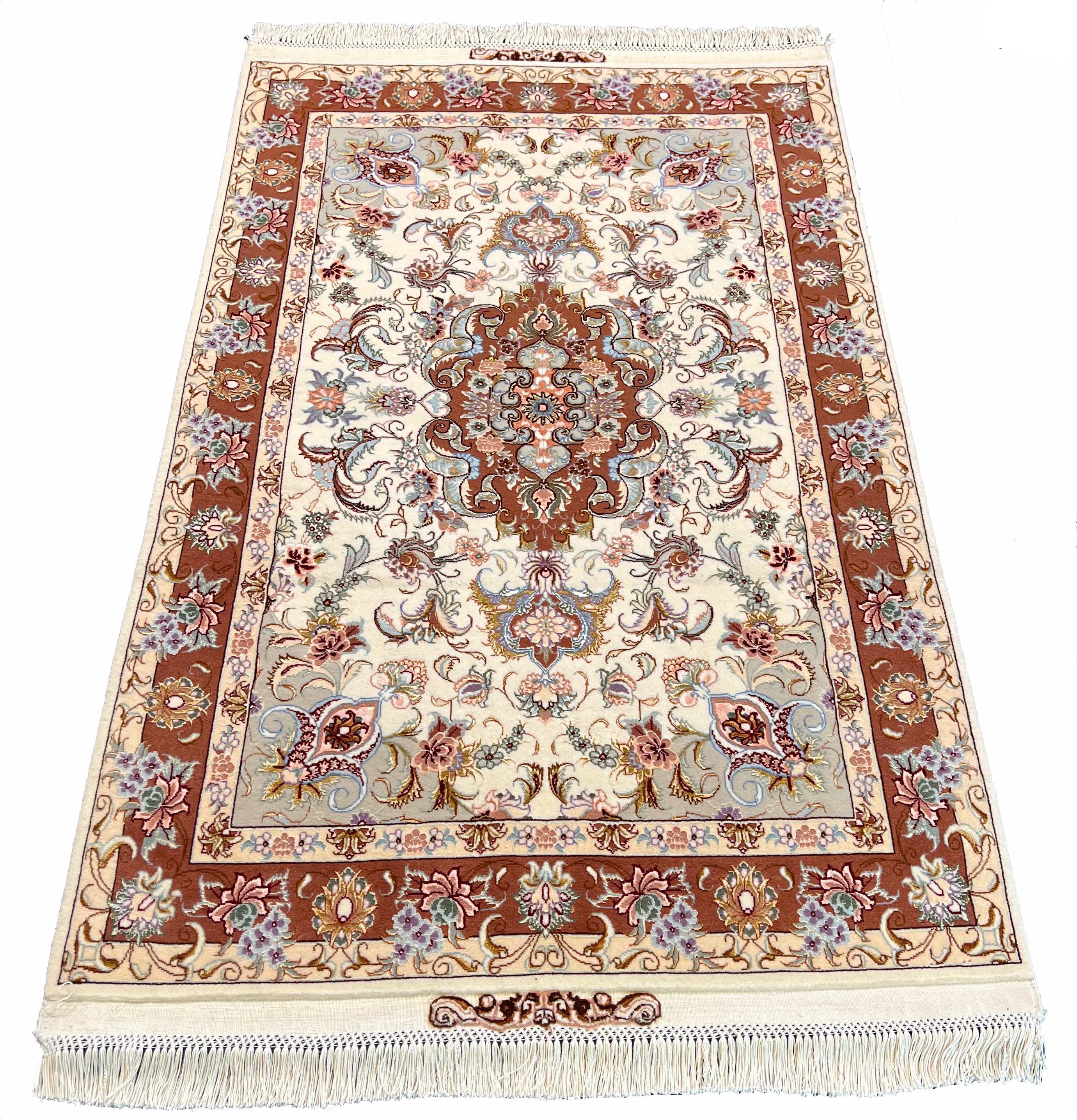 Hand-knotted Persian Beige Tabriz rug in wool on a silk foundation featuring intricate red floral motifs - #6023.