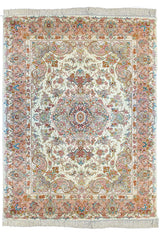 Hand-knotted Persian Beige Tabriz rug in wool on a silk foundation featuring peach floral motifs #5616.
