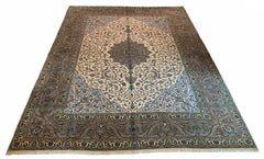 Hand-knotted Kashan rug in 100% wool on a cotton base featuring a brown central medallion on a cream and off-white field - #7025.