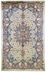 Hand-knotted Kashan rug in 100% wool on a cotton base featuring a blue and orange central medallion on a cream field - #7018.