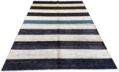 Hand-knotted Persian linear stripe Gabbeh rug in charcoal and cream wool on a cotton foundation #4098.