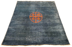 Hand-knotted Persian medallion Gabbeh rug in charcoal wool with a yellow and red sun-wheel motif #4387.