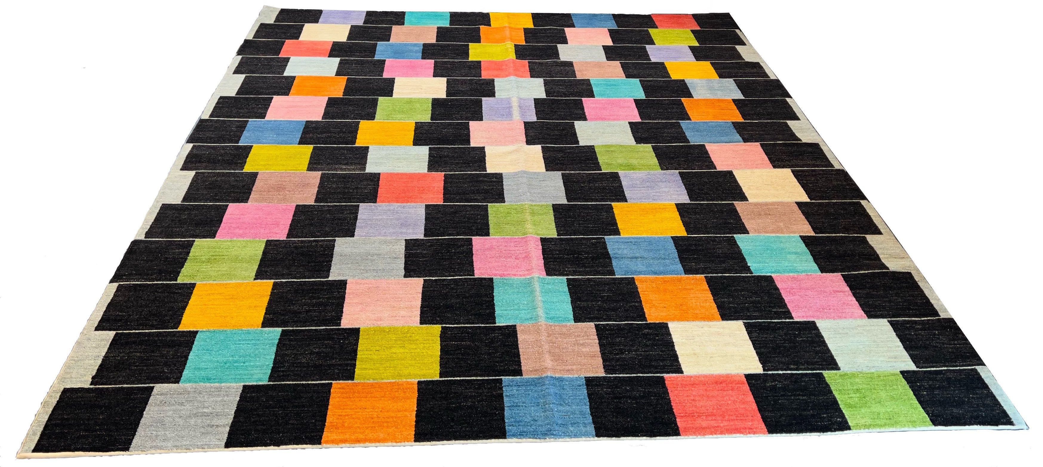 Hand-knotted Persian multi-color checkerboard Gabbeh rug in wool on a cotton foundation featuring vibrant tribal motifs #5940.