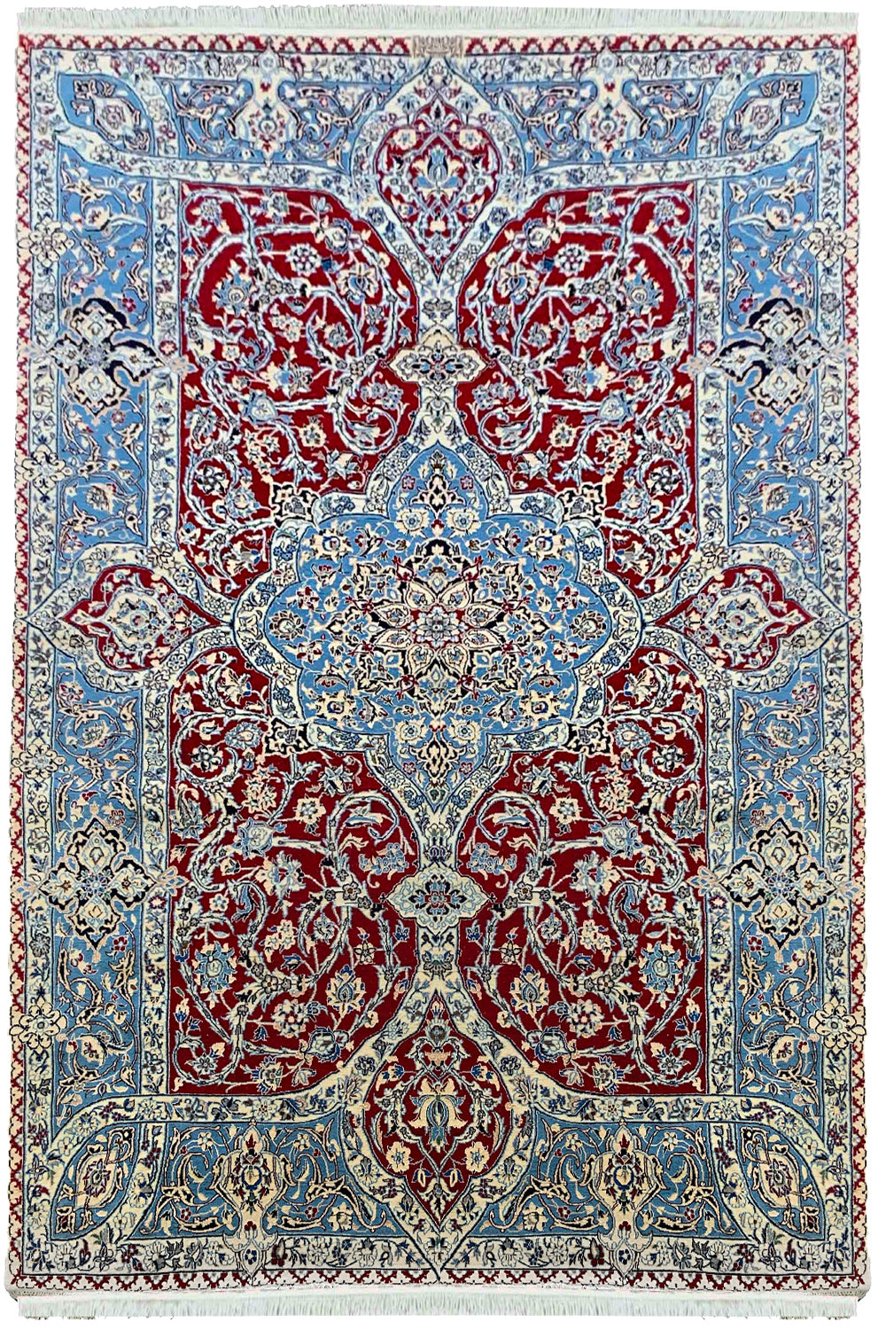 Hand-knotted Persian Red Nain Shish-La rug in wool and silk on a cotton foundation featuring blue floral motifs #1988.