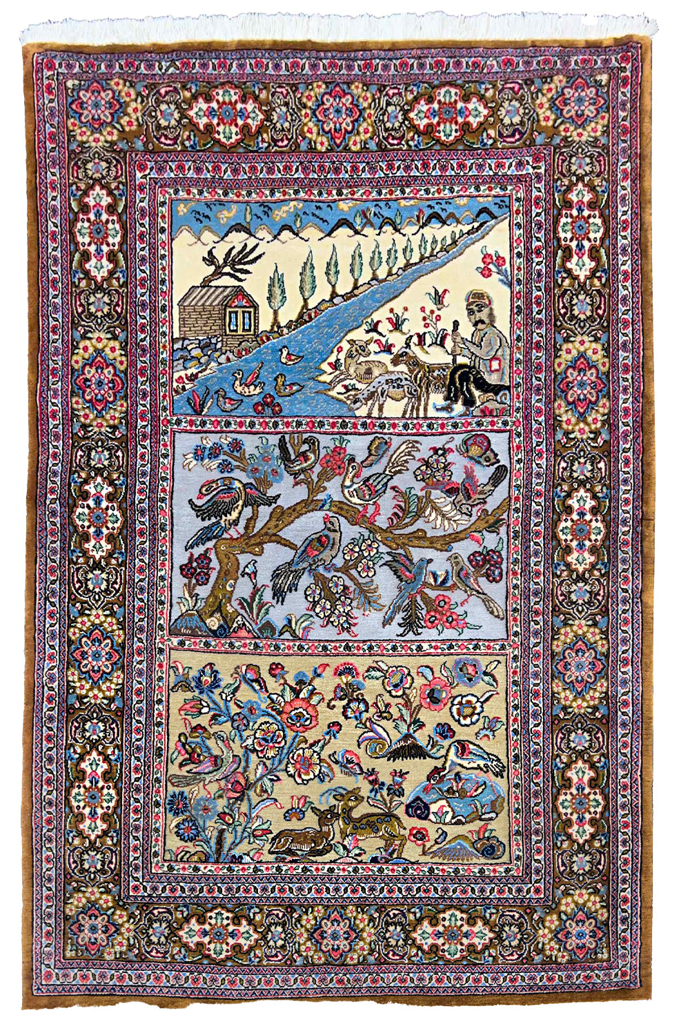 Hand-knotted Qom pictorial rug in 100% kork wool on a cotton base featuring a three-panel narrative of birds, deer, and pastoral life - #8130.