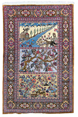 Hand-knotted Qom pictorial rug in 100% kork wool on a cotton base featuring a three-panel narrative of birds, deer, and pastoral life - #8130.