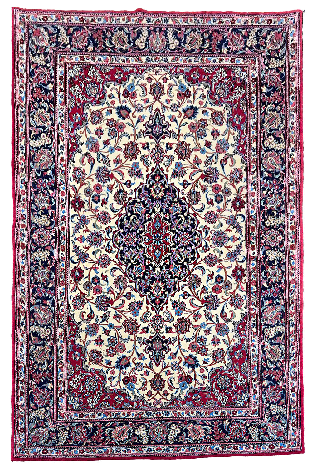 Hand-knotted Qom rug in 100% kork wool on a cotton base featuring an indigo Keshan medallion and floral vines - #8109.