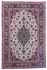 Hand-knotted Qom rug in 100% kork wool on a cotton base featuring an indigo Keshan medallion and floral vines - #8109.