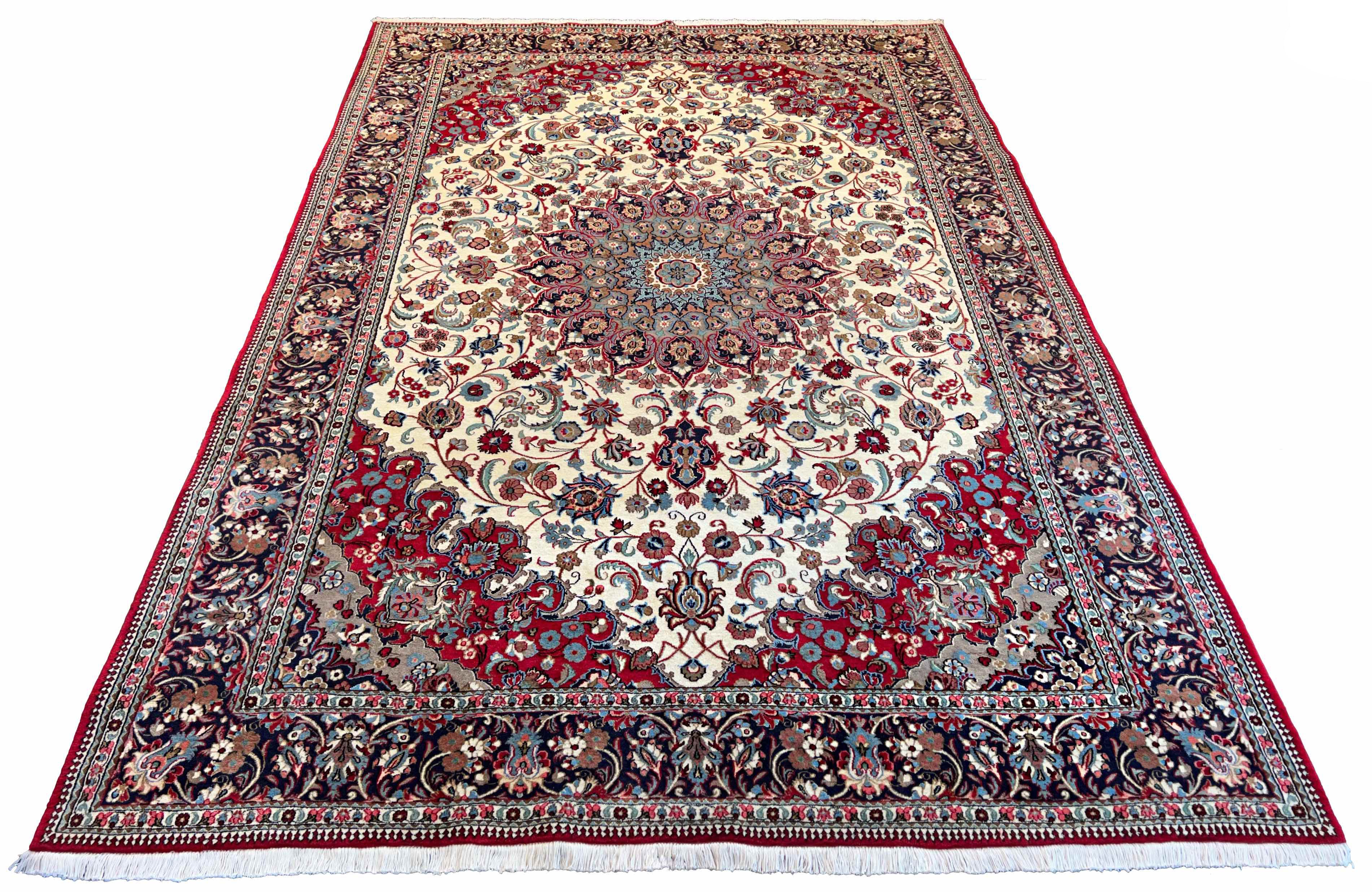 Hand-knotted Qom rug in 100% kork wool on a cotton base featuring a multi-layered floral medallion and ivory field - #8091.
