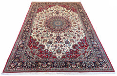 Hand-knotted Qom rug in 100% kork wool on a cotton base featuring a multi-layered floral medallion and ivory field - #8091.