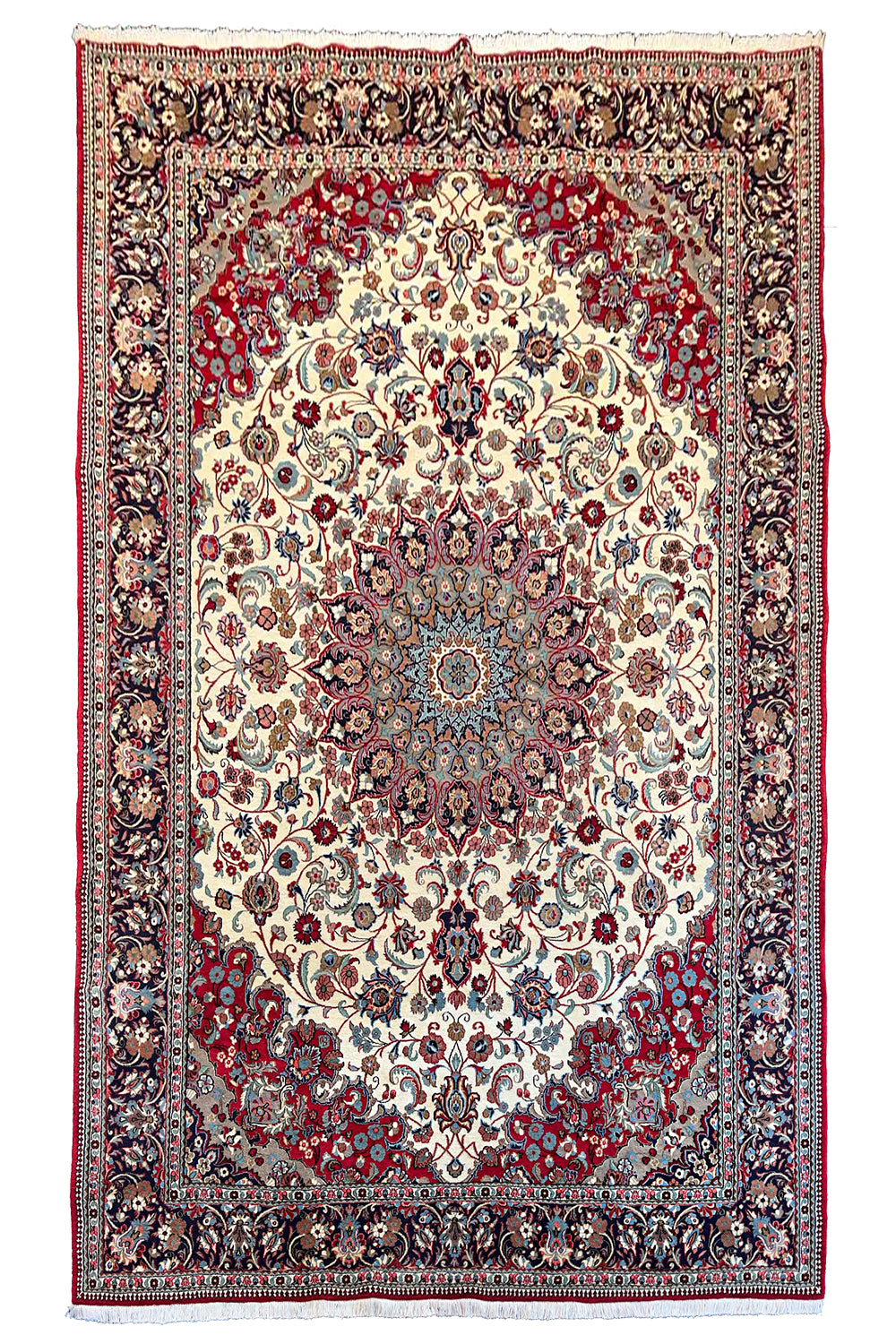 Hand-knotted Qom rug in 100% kork wool on a cotton base featuring a multi-layered floral medallion and ivory field - #8091.