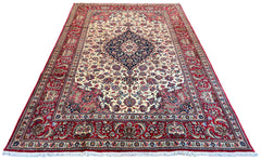 Hand-knotted Qom rug featuring a precise navy central medallion on an ivory floral field in 100% kork wool - #8097.