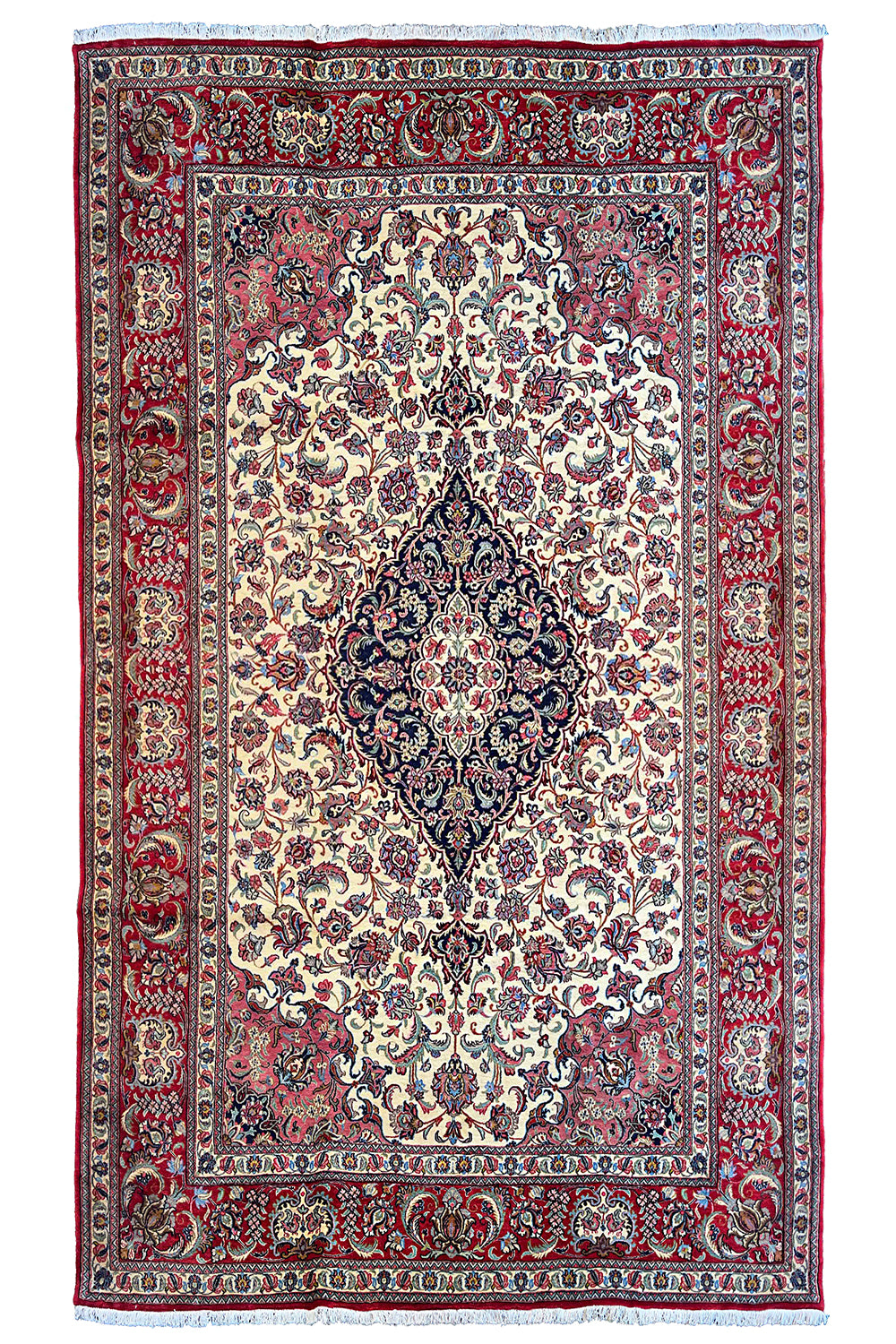Hand-knotted Qom rug featuring a precise navy central medallion on an ivory floral field in 100% kork wool - #8097.