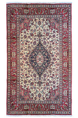 Hand-knotted Qom rug featuring a precise navy central medallion on an ivory floral field in 100% kork wool - #8097.