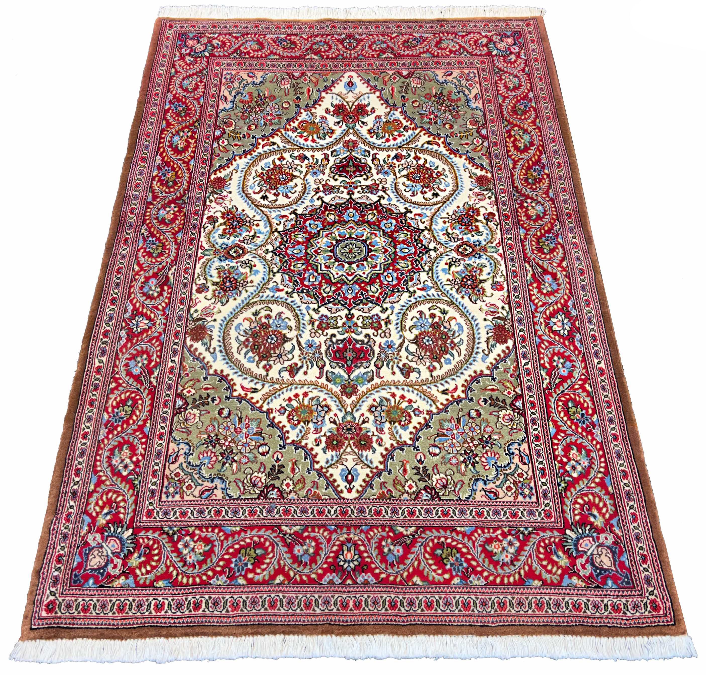 Hand-knotted Qom rug in 100% kork wool on a cotton base featuring a classical Tabriz medallion and floral scrolls - #8125.