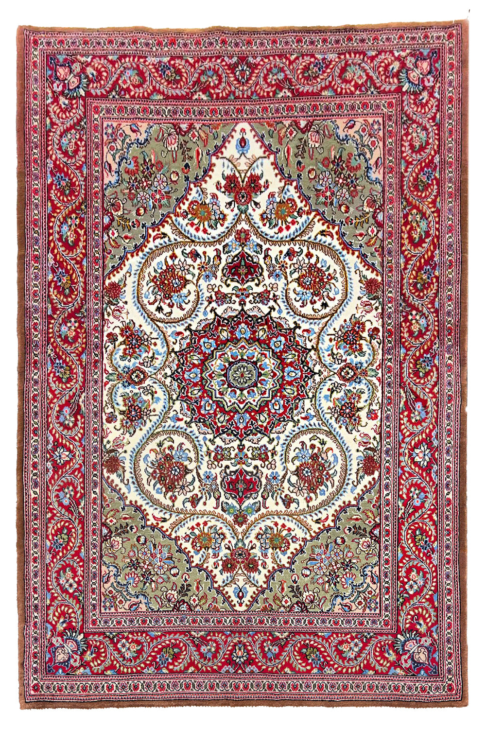 Hand-knotted Qom rug in 100% kork wool on a cotton base featuring a classical Tabriz medallion and floral scrolls - #8125.