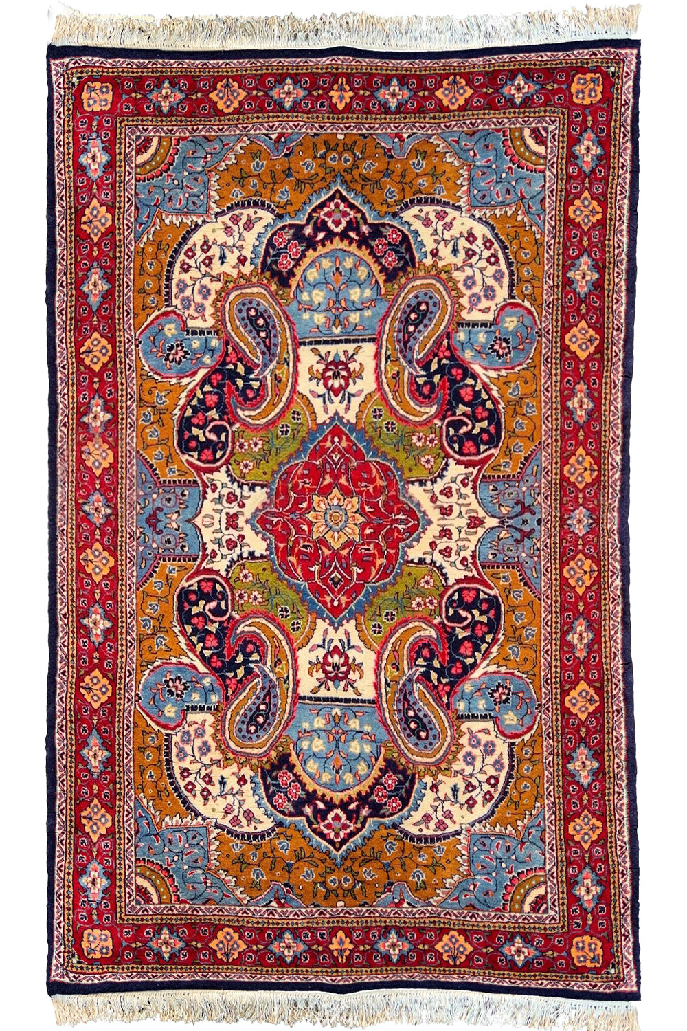 Hand-knotted Sarooq rug in 100% wool on a cotton base featuring multi-color scrolling paisley medallions and floral vines - #7568.