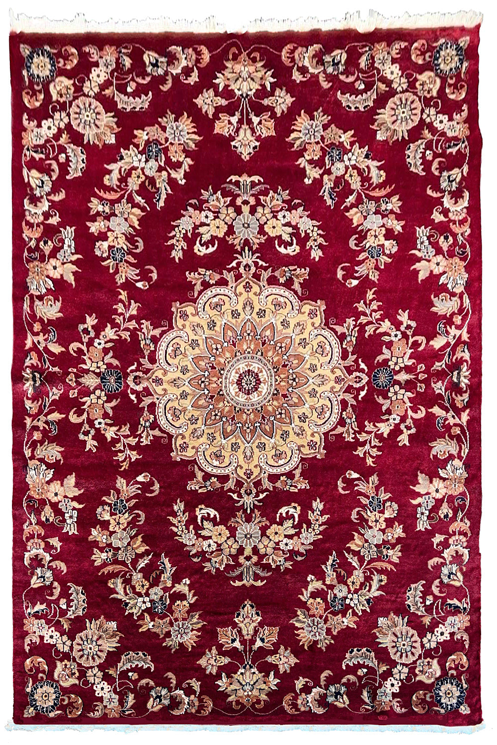 Ornate handmade Pakistan Isfahan rug with a cherry red field, cream central medallion, and floral arabesques #6513.