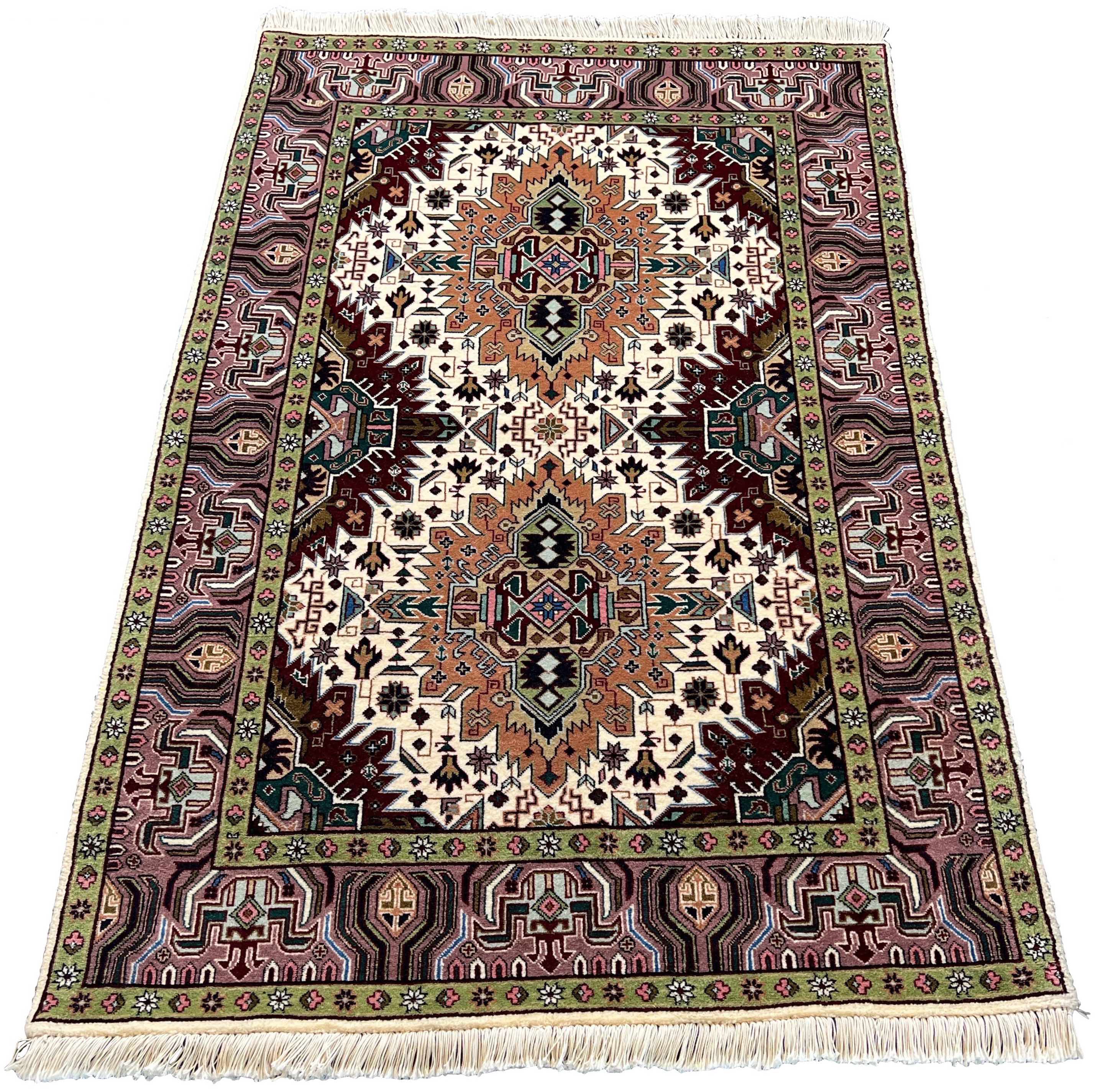 Hand-knotted Tabriz rug in 100% wool on a cotton base featuring two geometric diamond medallions on an ivory field - #7278.