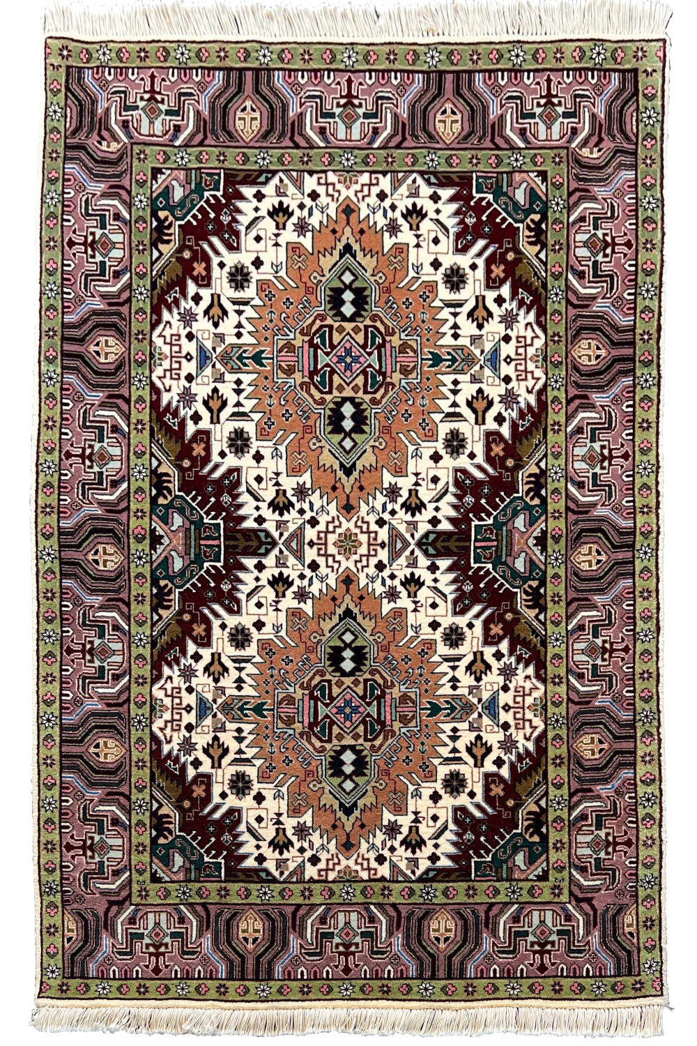 Hand-knotted Tabriz rug in 100% wool on a cotton base featuring two geometric diamond medallions on an ivory field - #7278.