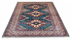 Sophisticated handmade Shirvan Azerbaijan rug with azure blue field and terracotta geometric tribal medallions on a cotton base #2679.