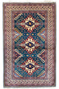 Sophisticated handmade Shirvan Azerbaijan rug with azure blue field and terracotta geometric tribal medallions on a cotton base #2679.
