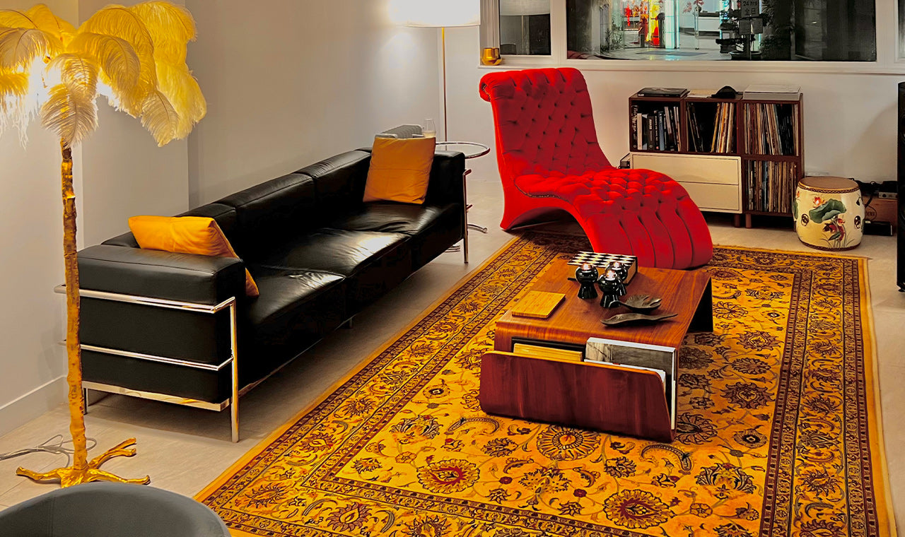 A stunning gold-toned traditional Persian rug curated by Al-Shahzadi HK Ltd., installed in a high-end Hong Kong residence.