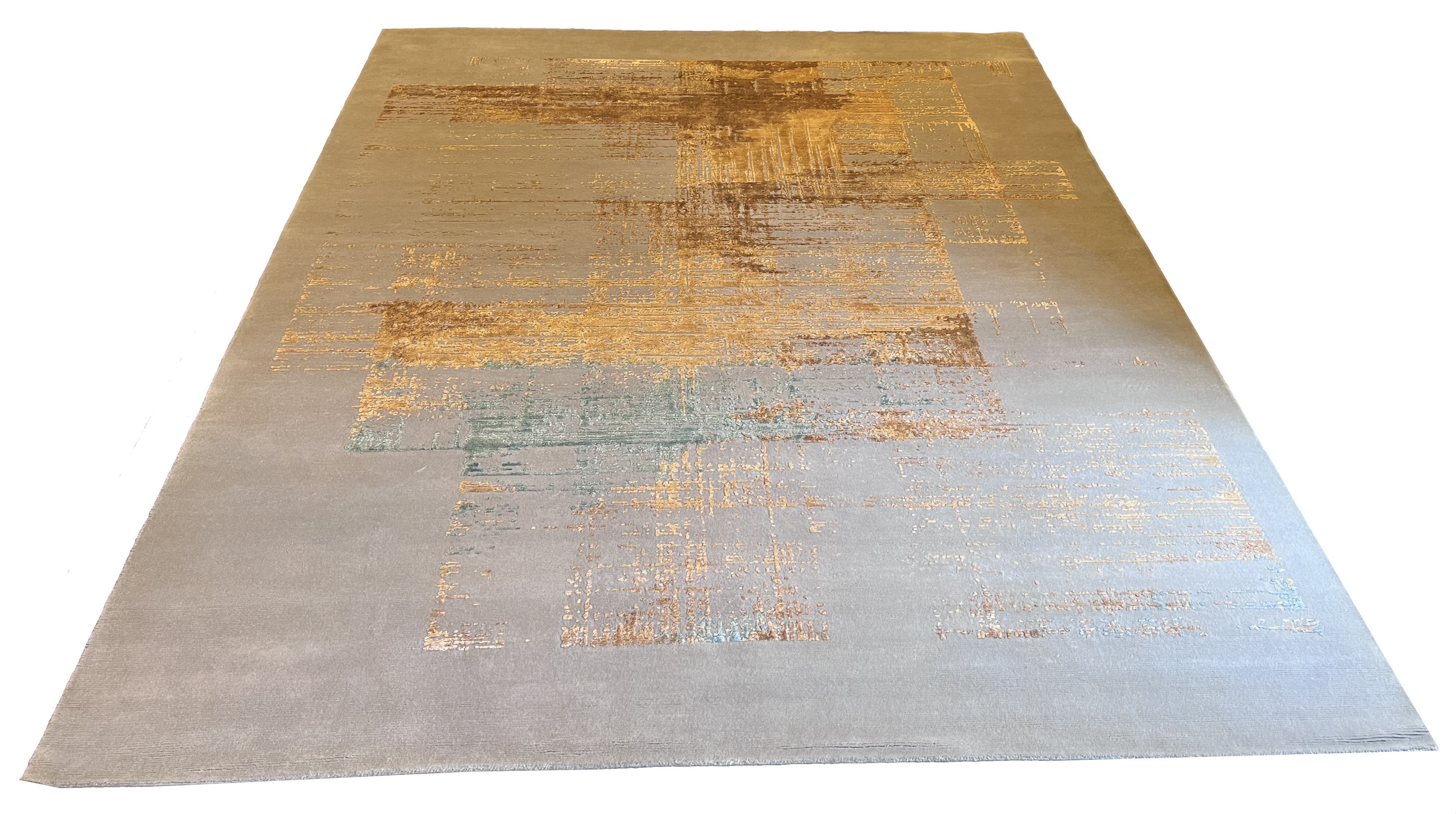 Luxury modern abstract rug in multi-color botanical silk and wool with organic silhouettes and architectural texture.