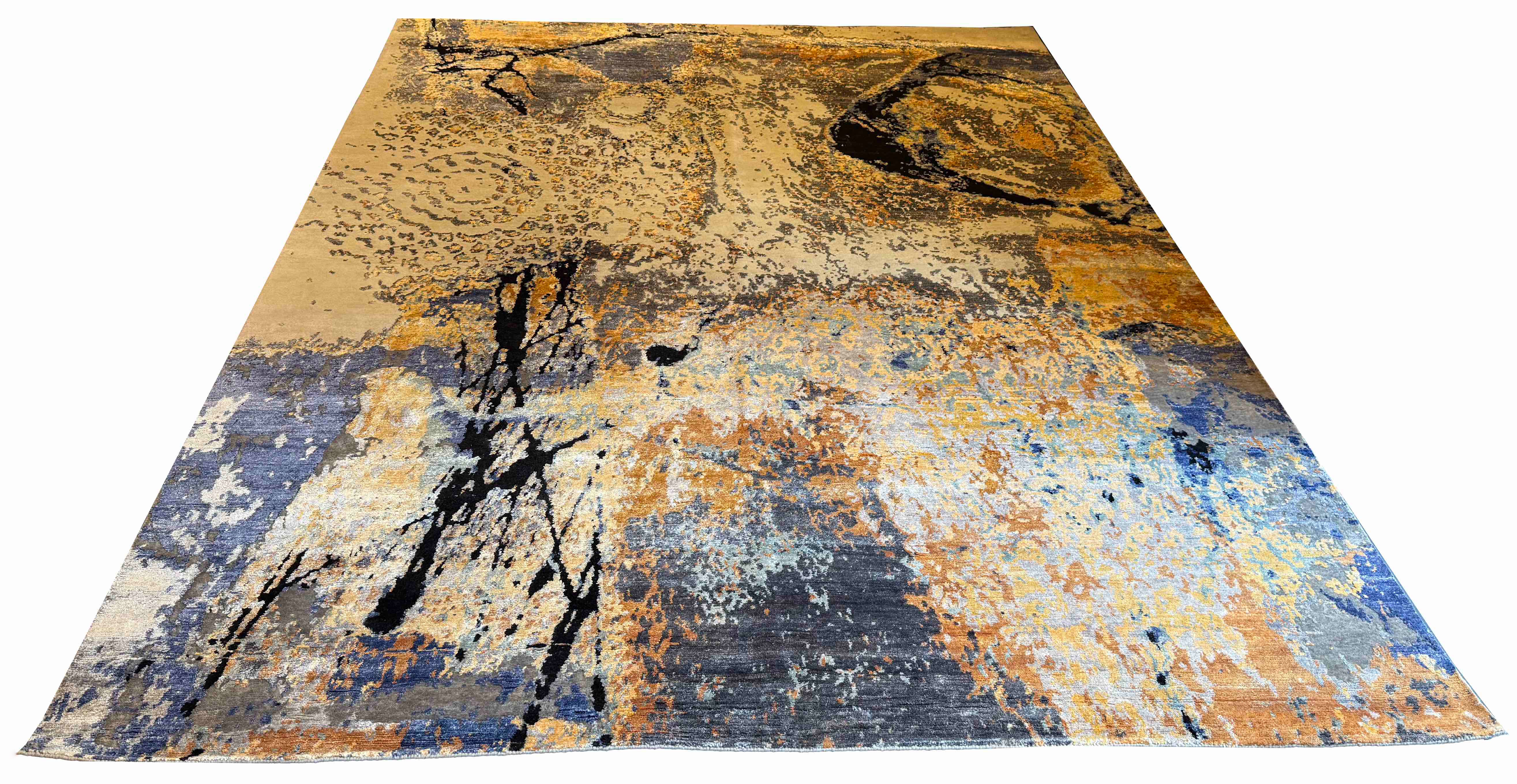 Modern abstract bamboo silk and wool rug featuring an expressive painterly ochre and slate blue abstract design #YM-A-103.