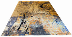 Modern abstract bamboo silk and wool rug featuring an expressive painterly ochre and slate blue abstract design #YM-A-103.