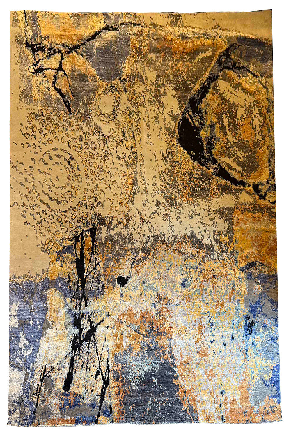 Modern abstract bamboo silk and wool rug featuring a painterly ochre and slate blue abstract design #YM-A-103.