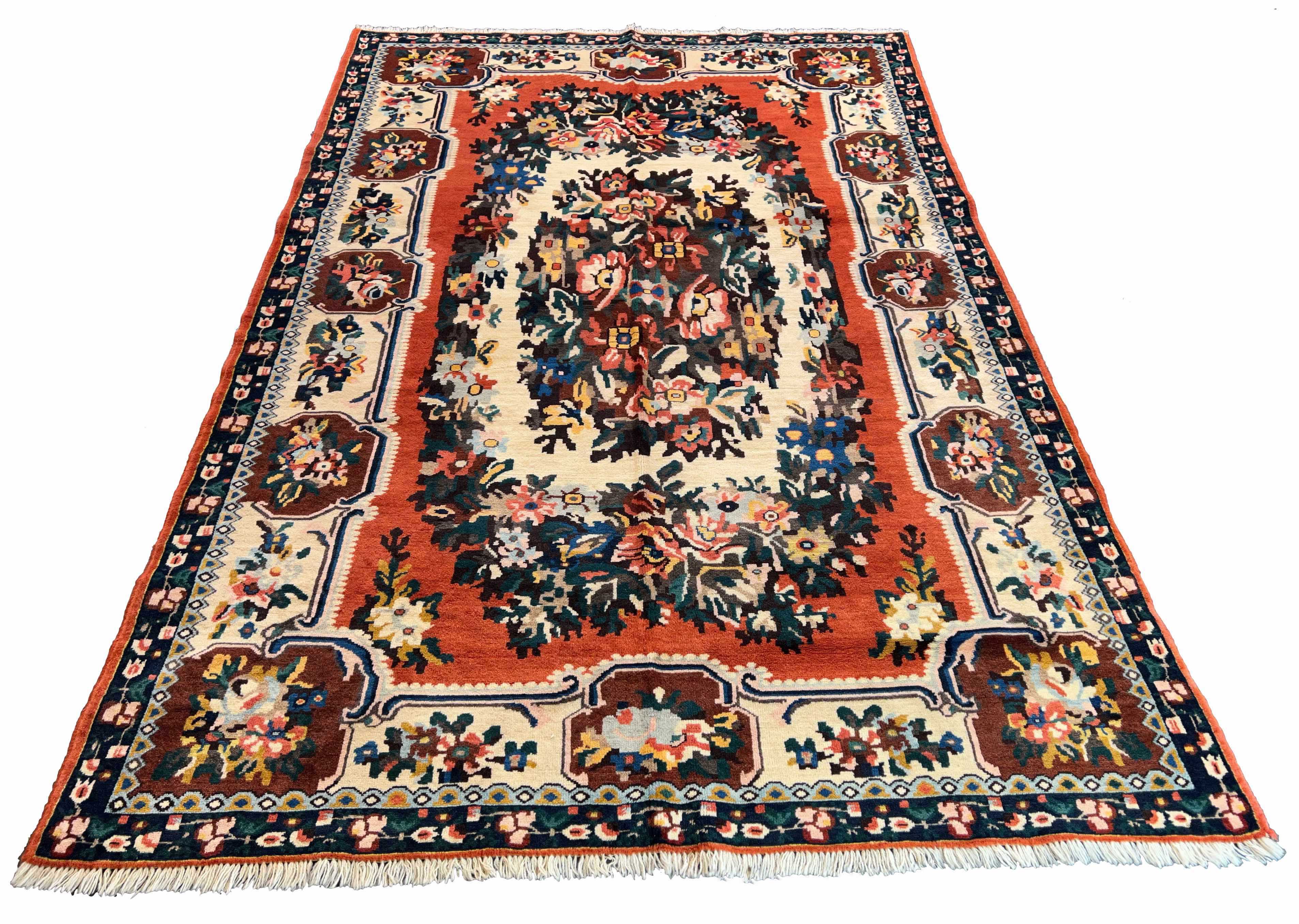 Angular perspective of hand-knotted Moldavian rug 7569 highlighting the wool on cotton base and high-contrast botanical texture.