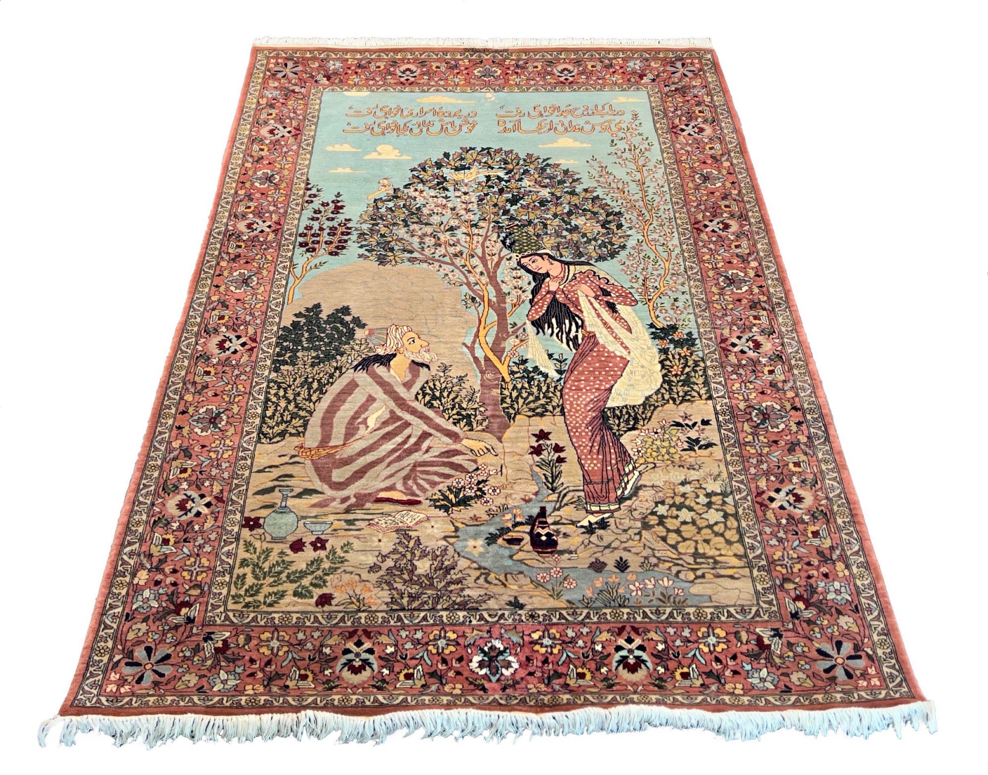 Intricate Pakistan Double Knot pictorial rug depicting the Story of Sheikh Sannan in crimson and midnight blue wool #358.