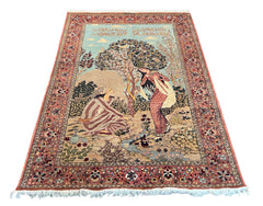 Intricate Pakistan Double Knot pictorial rug depicting the Story of Sheikh Sannan in crimson and midnight blue wool #358.
