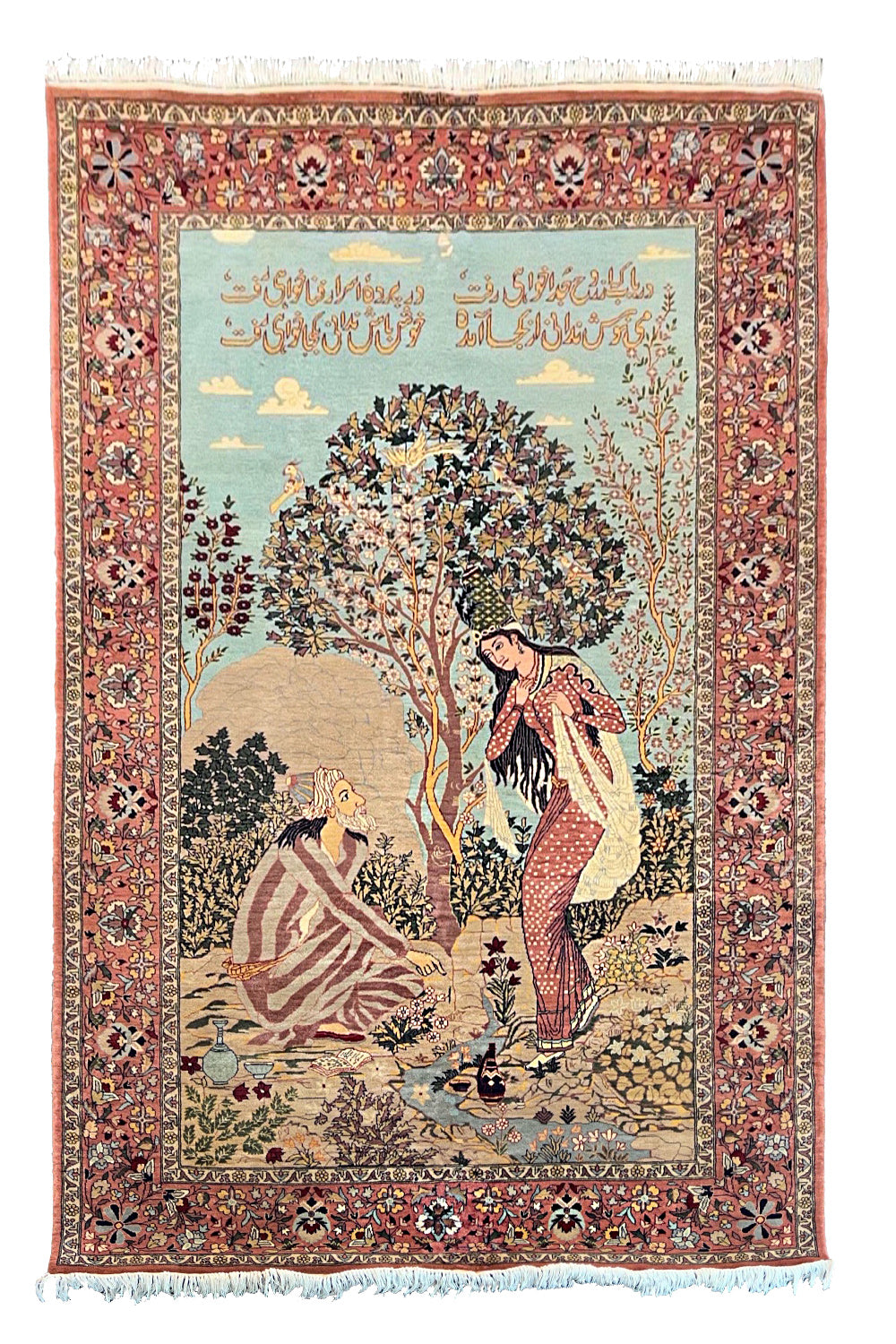 Intricate Pakistan Double Knot pictorial rug depicting the Story of Sheikh Sannan in crimson and midnight blue wool #358.