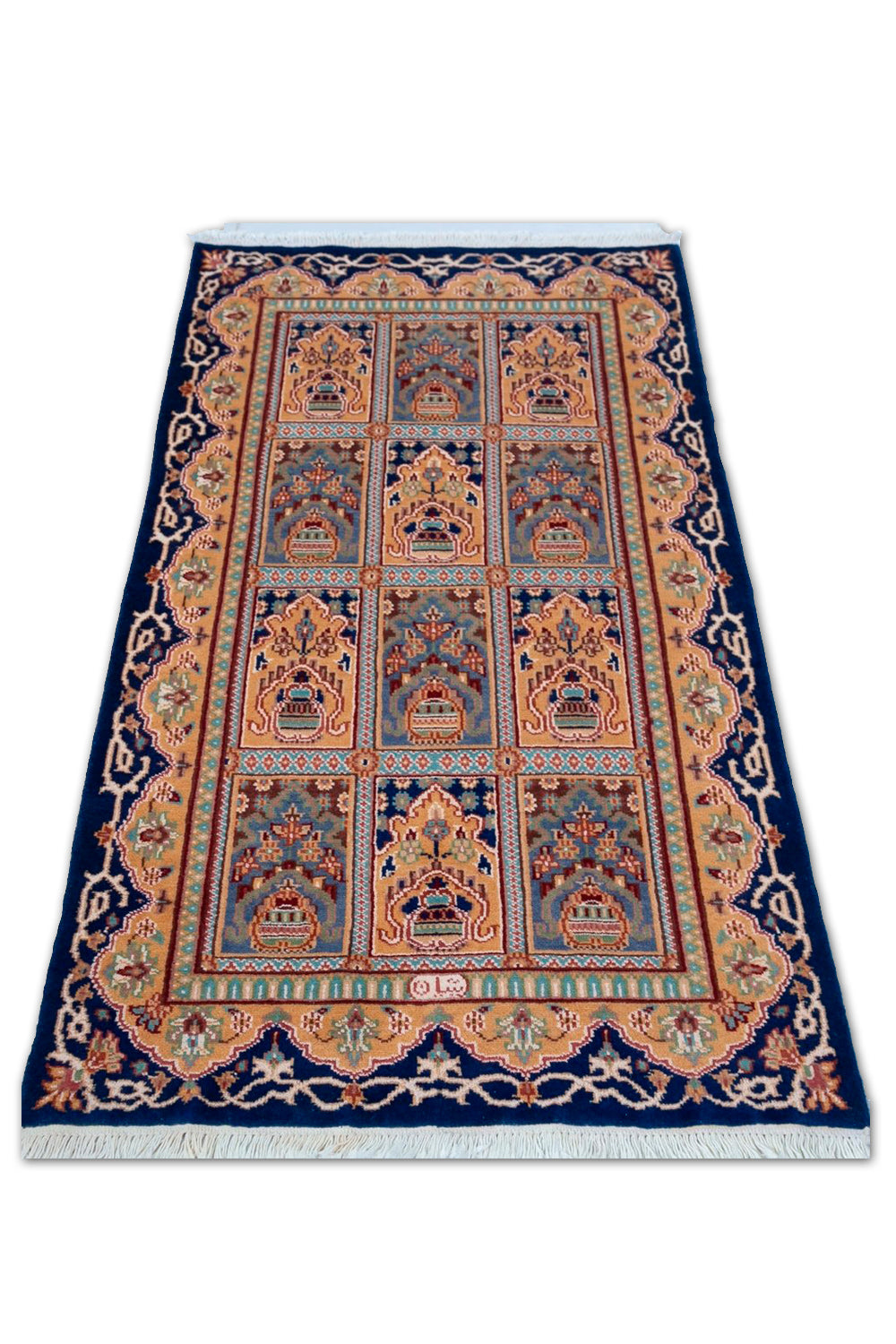 Authentic Pakistan single knot rug in indigo and gold hand-knotted wool #8405 for luxury panel decor.