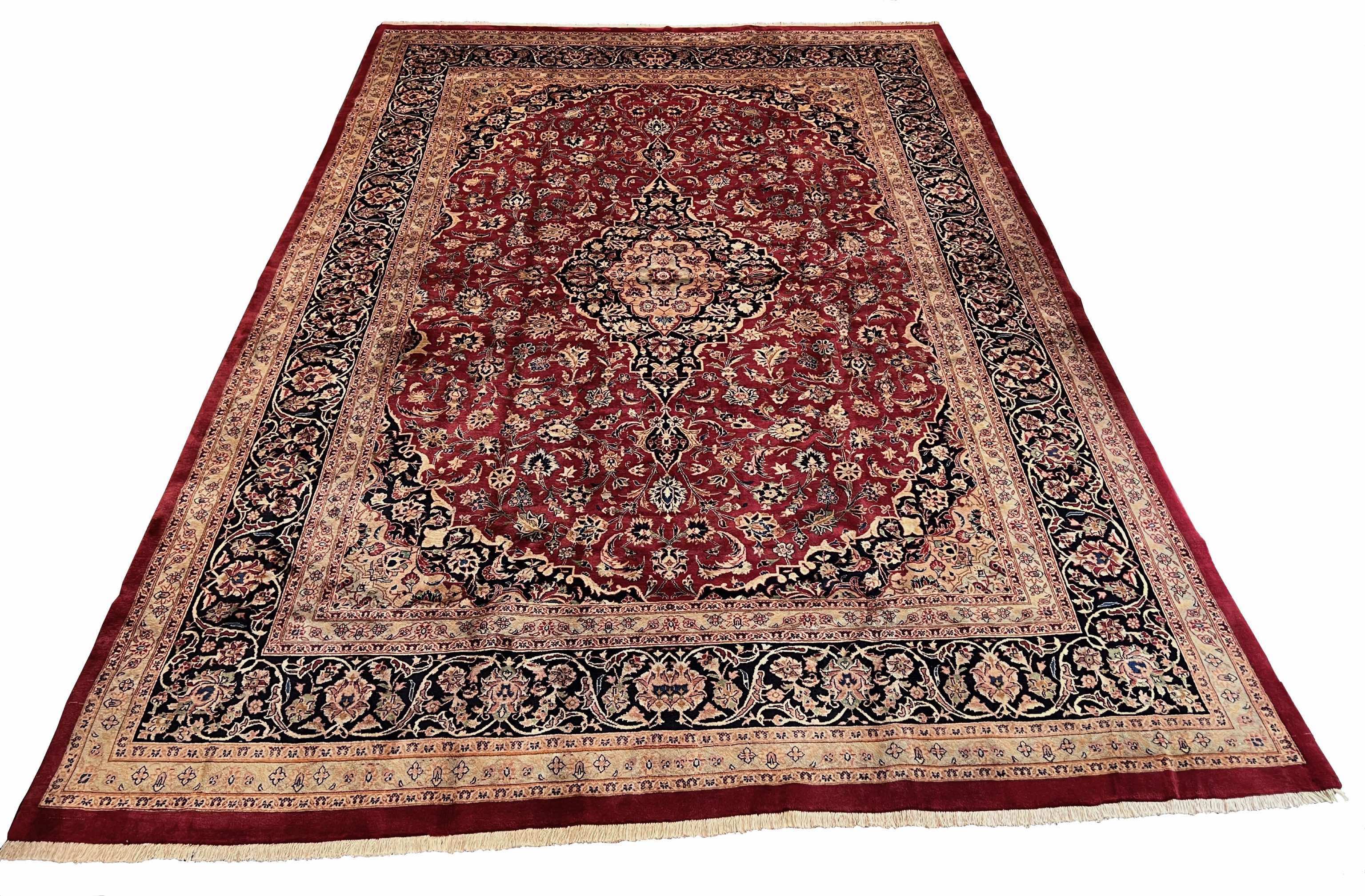 Authentic #8205 Persian Kashan wool rug featuring traditional floral medallion design, hand-knotted wool on cotton base by AL-SHAHZADI HK LIMITED.