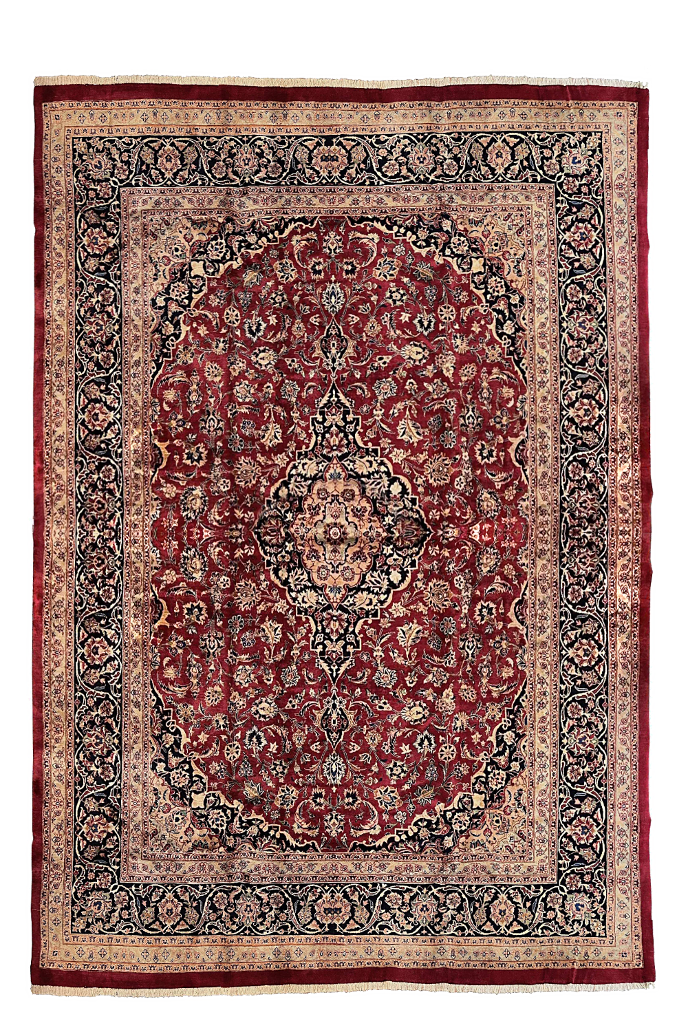 Authentic #8205 Persian Kashan wool rug featuring traditional floral medallion design, hand-knotted wool on cotton base by AL-SHAHZADI HK LIMITED.