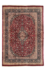 Authentic #8205 Persian Kashan wool rug featuring traditional floral medallion design, hand-knotted wool on cotton base by AL-SHAHZADI HK LIMITED.