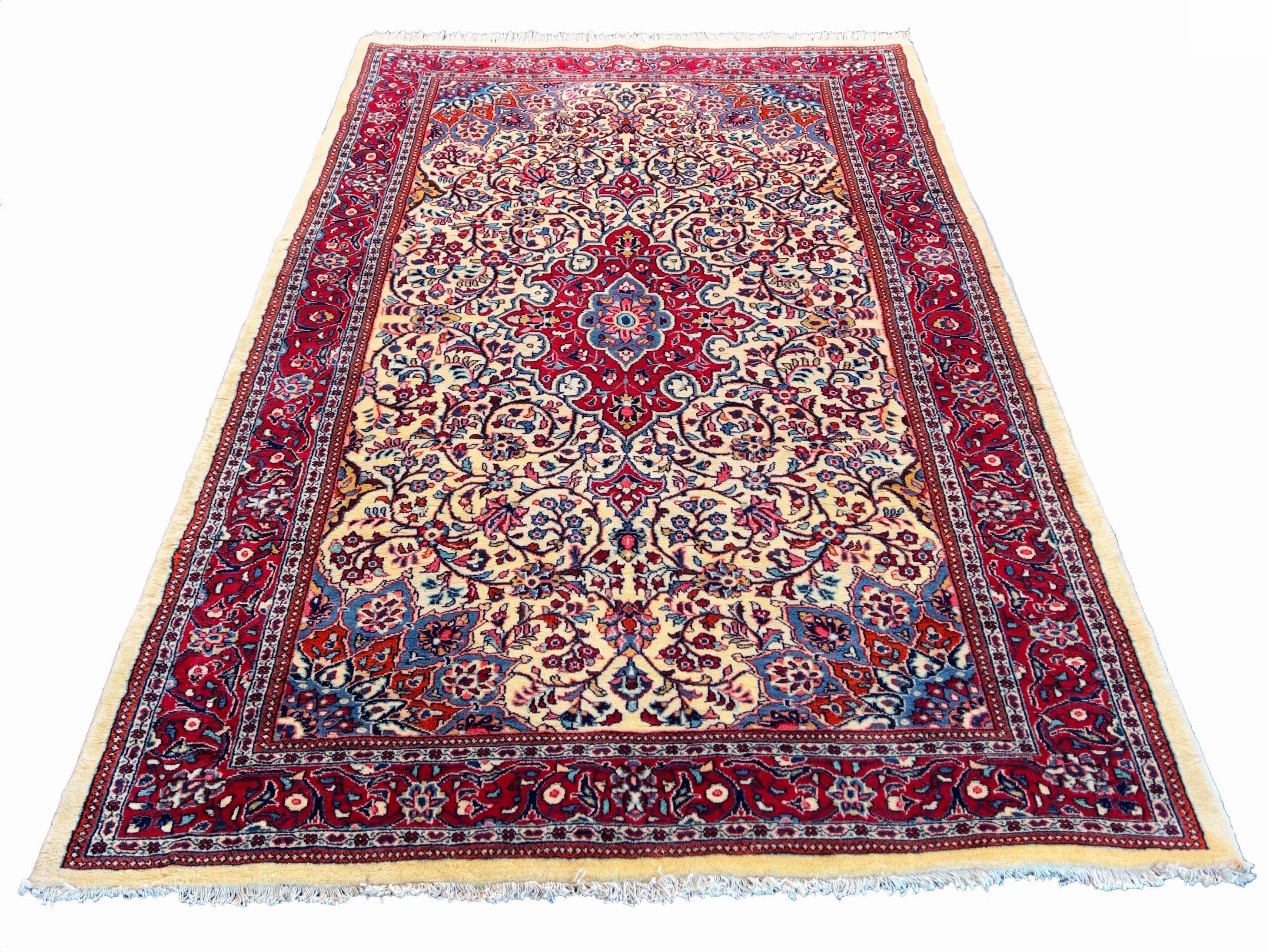 Authentic #7570 Persian Qiyasabad wool rug with traditional tribal geometric motifs, hand-knotted on cotton base by AL-SHAHZADI HK LIMITED.