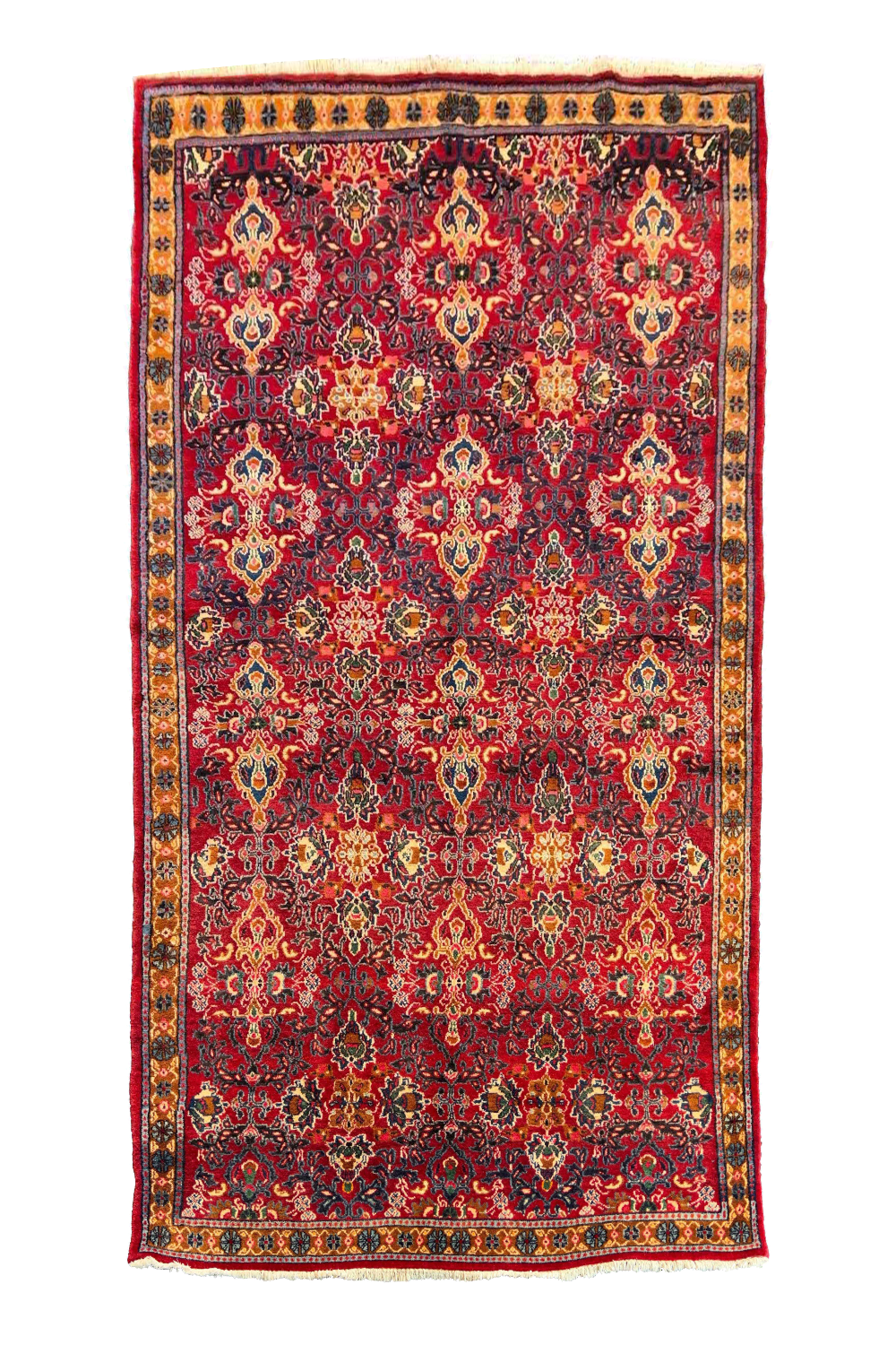 Authentic #7830 Persian Sennah wool rug featuring traditional Herati design, hand-knotted wool on cotton base by AL-SHAHZADI HK LIMITED.