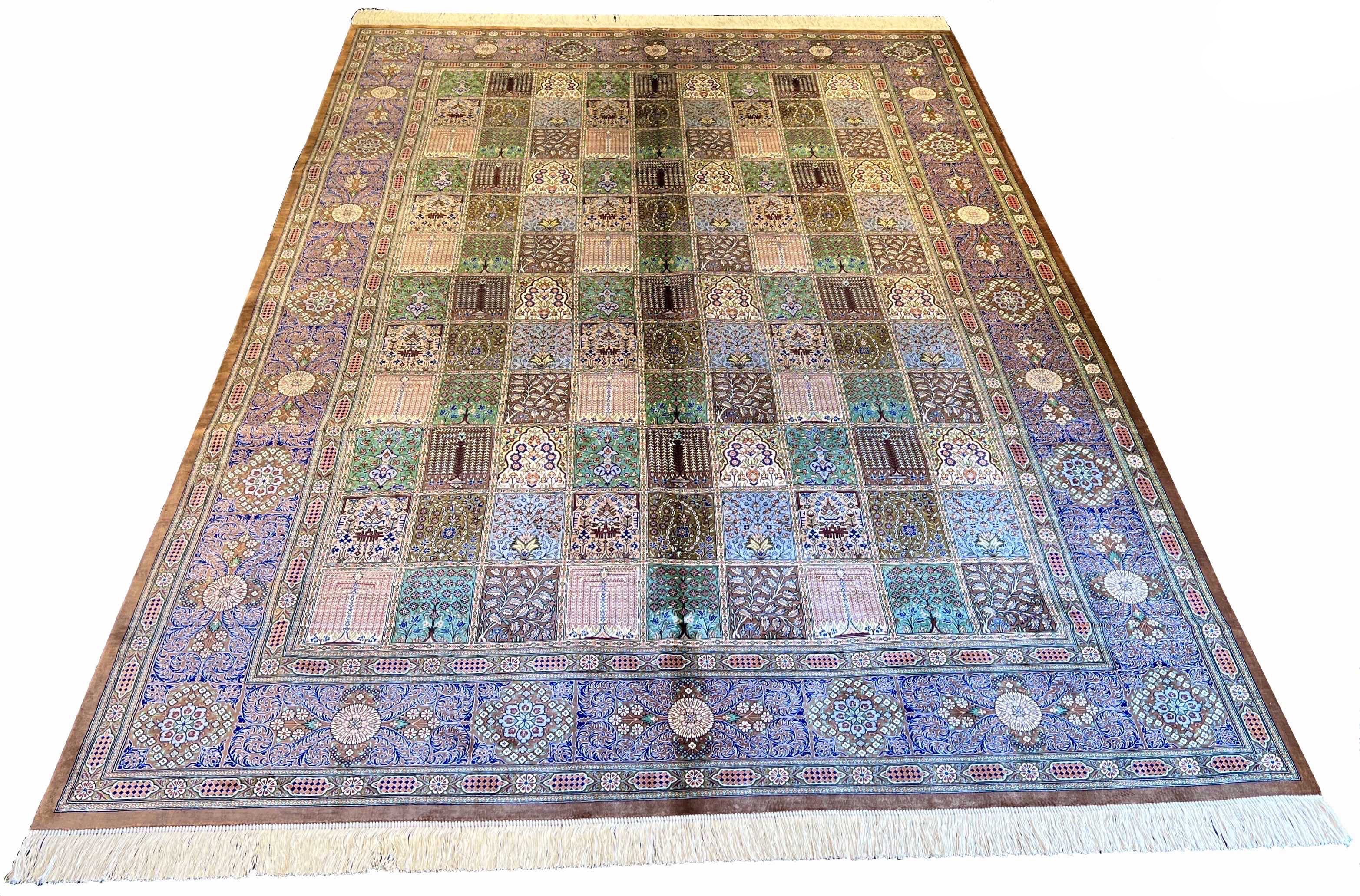 Exquisite pure silk Persian Qom rug in Bakhtiyar garden design by Master Babi #8387 for luxury interiors.