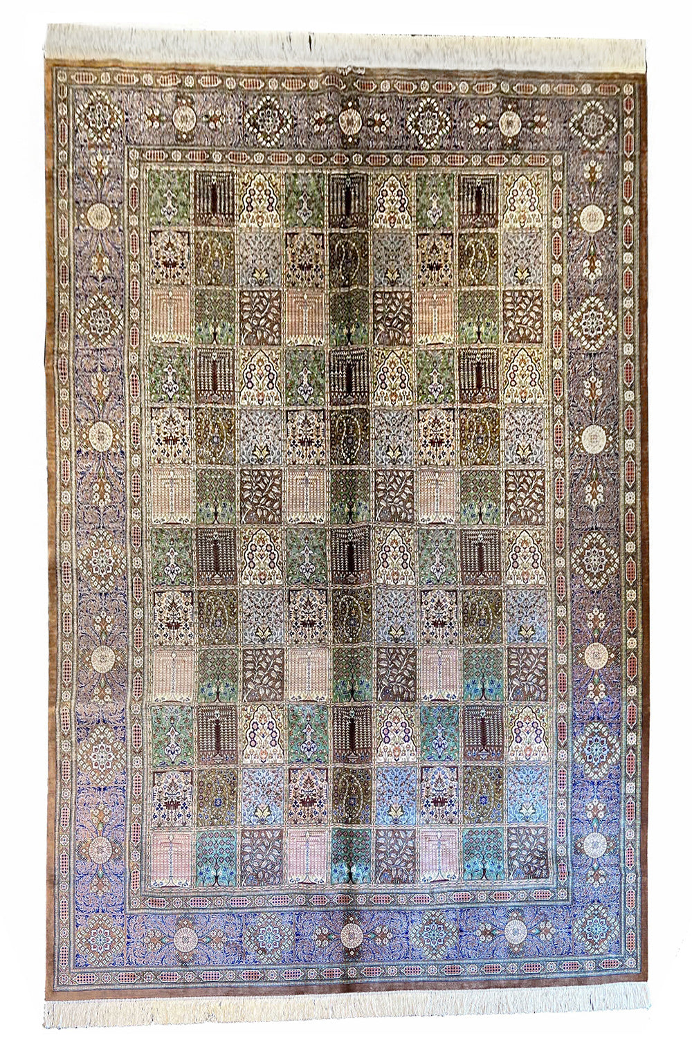 Exquisite pure silk Persian Qom rug in Bakhtiyar garden design by Master Babi #8387 for luxury interiors.