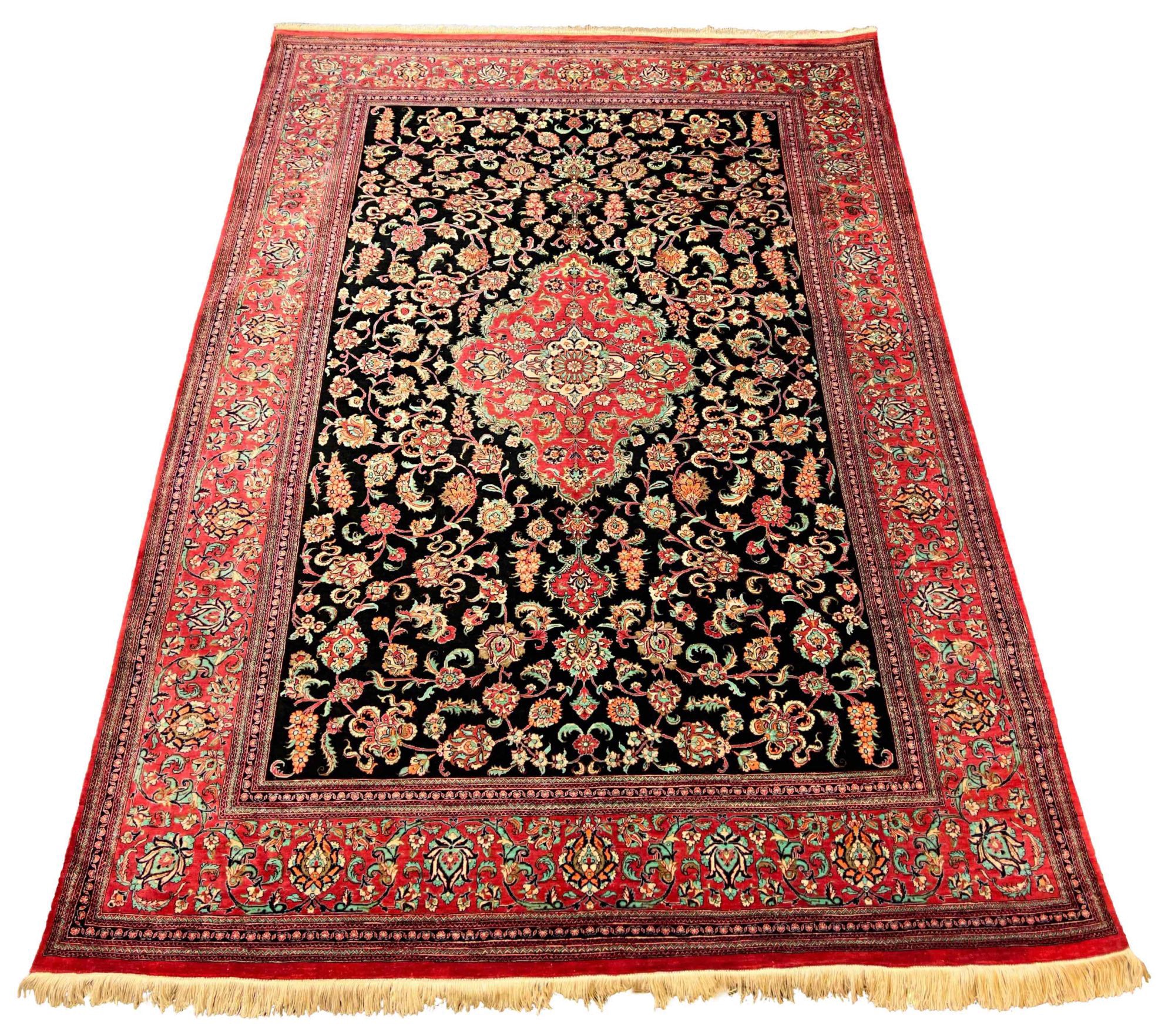 Exquisite pure silk Persian Qom rug in ebony black floral design #189 for luxury home decor.