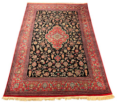 Exquisite pure silk Persian Qom rug in ebony black floral design #189 for luxury home decor.