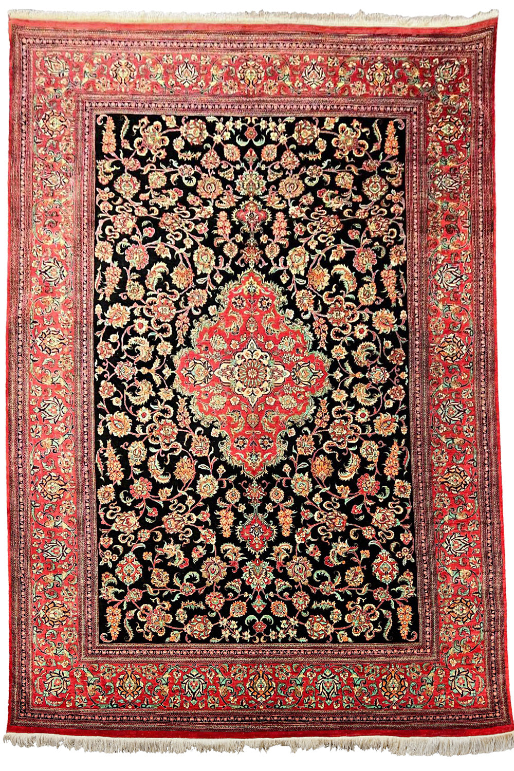 Exquisite pure silk Persian Qom rug in ebony black floral design #189 for luxury home decor.