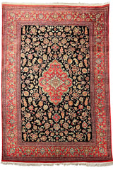 Exquisite pure silk Persian Qom rug in ebony black floral design #189 for luxury home decor.